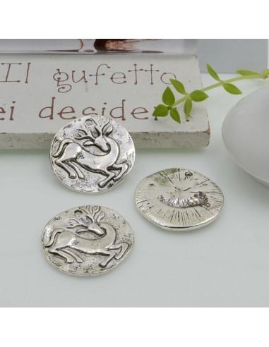 Ciondoli medaglia con cervo in metallo rodio 19 mm 2pz Gioie d'Oriente