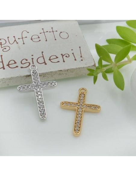 Ciondolo croce in rame con zirconi trasparenti 16 x 25 mm 1pz Gioie d'Oriente