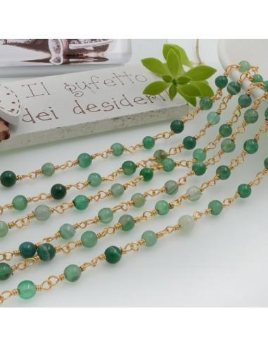Catena rosario di agata verde striata liscia 4mm concatenata con filo in ottone oro 50cm | GDO