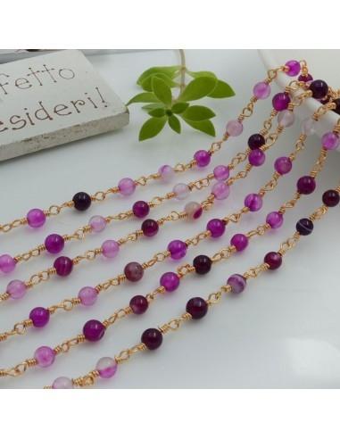 Catena rosario di pietra dura agata viola/fucsia striata liscia 4mm con filo oro in ottone 50cm | GDO