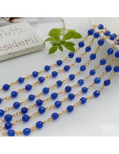 Catena rosario di agata blu sfaccettata 4mm concatenata con filo in ottone oro 50cm | GDO