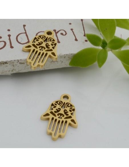 Ciondolo Mano di Fatima in acciaio inossidabile 9.5x15 mm 1pz colore oro Gioie d'Oriente