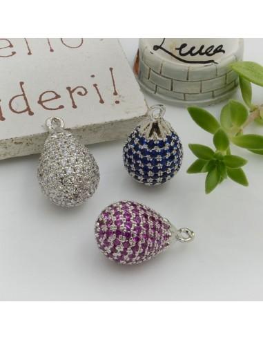 Ciondolo goccia in ottone argento con zirconi 16x10mm 1pz colori vari Gioie d'Oriente