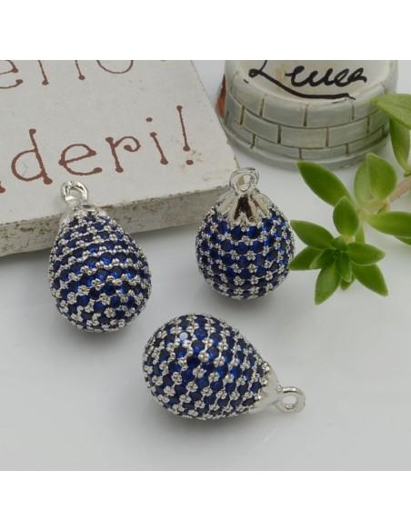 Ciondolo goccia in ottone argento con zircone blu 16x10mm 1pz Gioie d'Oriente