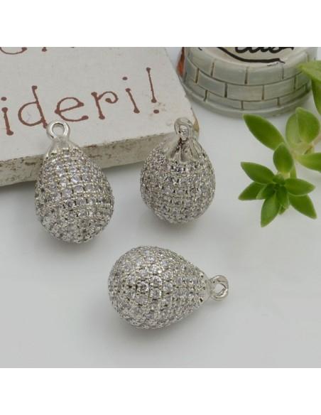 Ciondolo goccia in ottone argento con zirconi trasparenti 16x10mm 1pz Gioie d'Oriente