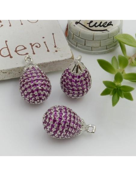Ciondolo goccia in ottone argento con zirconi fucsia 16x10mm 1pz Gioie d'Oriente