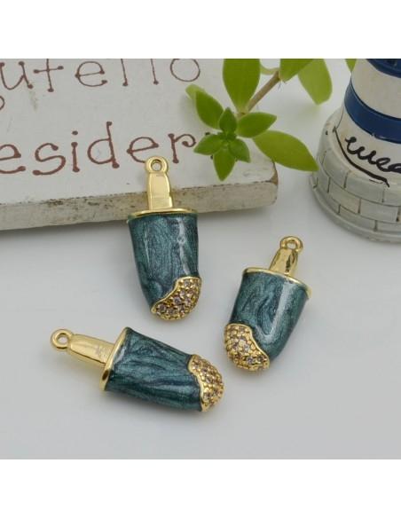 Ciondolo gelato smaltato verde scuro in ottone oro con zirconi 20x8mm 1pz Gioie d'Oriente