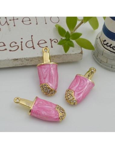 Ciondolo gelato smaltato fucsia in ottone oro con zirconi 20x8mm 1pz Gioie d'Oriente