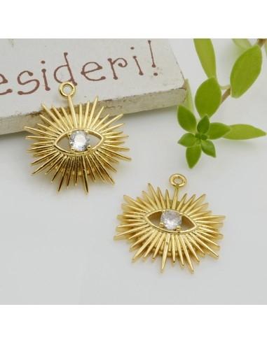 Ciondolo occhio greco in ottone oro con zircone 20x18mm 1pz Gioie d'Oriente