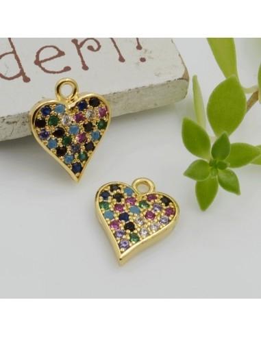 Ciondolo cuore in ottone oro con zirconi arcobaleno 13x10mm 1pz Gioie d'Oriente