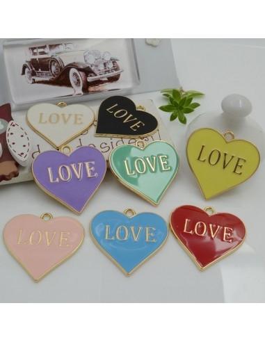 Ciondolo cuore con scritta Love smaltato in ottone base oro 28mm 1pz - GDO