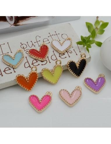 Ciondolo cuore smaltato di diversi colori in ottone base oro 14mm 2pz - GDO