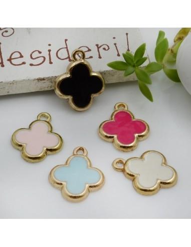 charms quadrifoglio smalto ciondoli 12.5x15mm 2pz base oro chiaro in ottone GDO