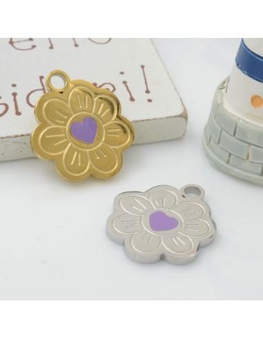 Ciondolo a forma di fiore con cuore centrale lilla in acciaio 15x17mm 1pz GDO
