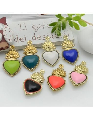 Ciondolo cuore sacro smaltato in zama base oro 30x17mm 1pz - GDO