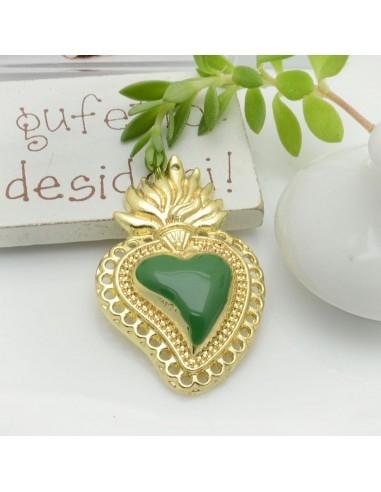 Ciondolo cuore sacro smaltato con fori in zama base oro 40x25.5mm 1pz Gioie d'Oriente