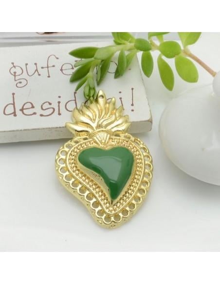 Ciondolo cuore sacro smaltato con fori in zama base oro 40x25.5mm 1pz Gioie d'Oriente