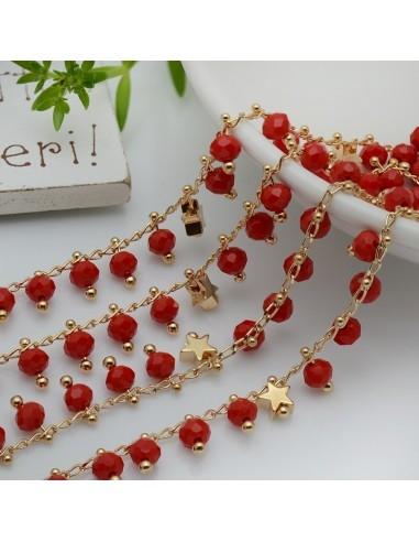 Catena Rosario con cristalli rosso 4mm e stelle oro 50cm | Bigiotteria fai da te di Gioie d'Oriente