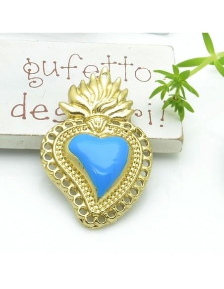 Ciondolo cuore sacro smaltato con fori in zama base oro 40x25.5mm 1pz Gioie d'Oriente