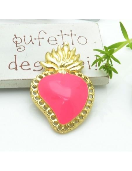 Ciondolo cuore sacro smaltato con fori in zama base oro 40x25.5mm 1pz Gioie d'Oriente