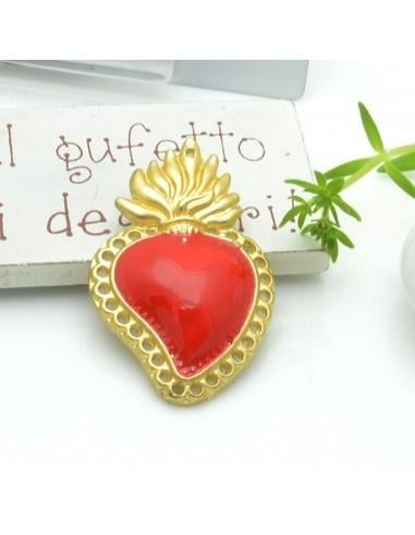 Ciondolo cuore sacro smaltato con fori in zama base oro 40x25.5mm 1pz Gioie d'Oriente