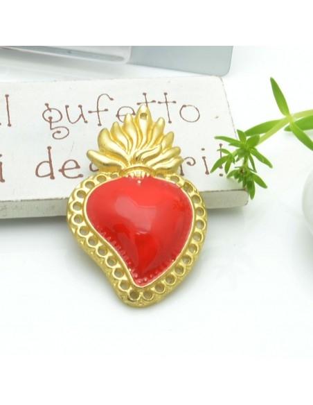 Ciondolo cuore sacro smaltato con fori in zama base oro 40x25.5mm 1pz Gioie d'Oriente