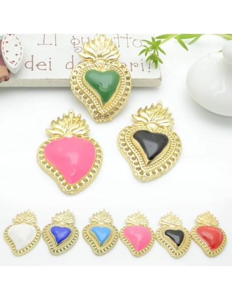 Ciondolo cuore sacro smaltato con fori in zama base oro 40x25.5mm 1pz Gioie d'Oriente