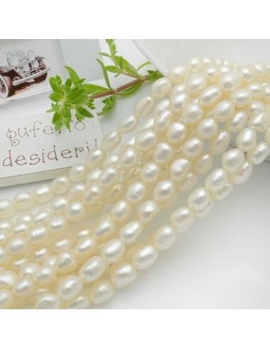 Perle di fiume bianche, forma ovale piatta, 6x8mm, filo da 34cm, marchio Gioie d'Oriente
