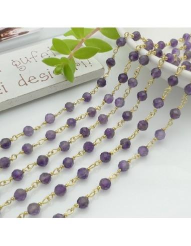 Catena Rosario in Argento 925 placcato oro con pietre Ametista 4mm 10cm - GDO