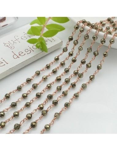 Catena Rosario in Argento 925 placcato oro rosa con pietre Pirite 4mm 10cm - GDO