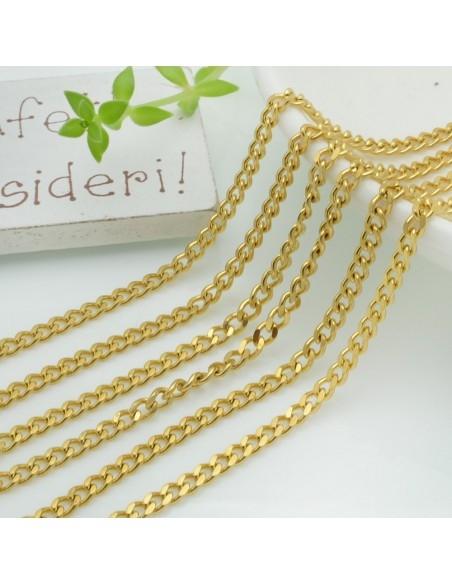 Catena grumetta schiacciata in acciaio, colori oro e acciaio, larghezza 3mm o 4mm, marchio Gioie d'Oriente