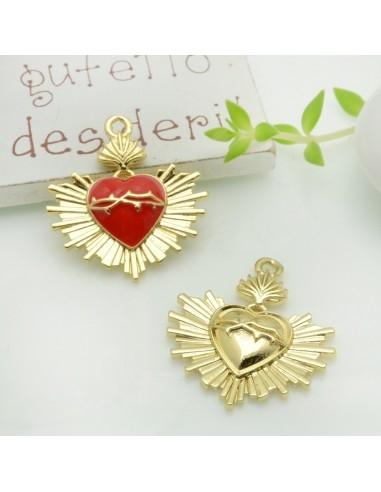 Ciondolo a forma di cuore sacro smaltato in ottone 26x24mm 1pz