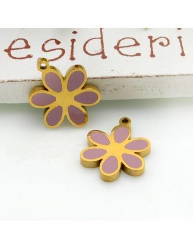Ciondolo in acciaio a forma di fiore rosa 13 x 10 mm