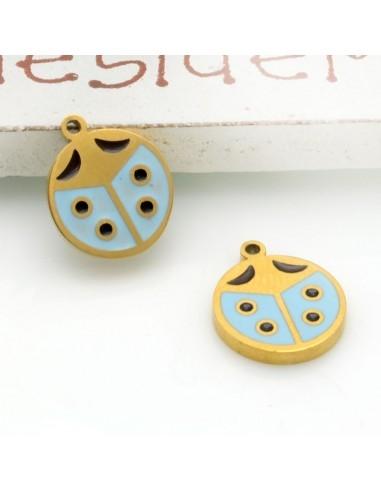 Ciondolo in acciaio a forma di coccinella azzurra 11 x 10 mm