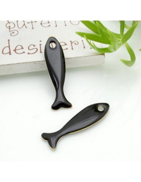 Ciondolo smaltato da entrambi i lati a forma di pesce nero 8x28mm