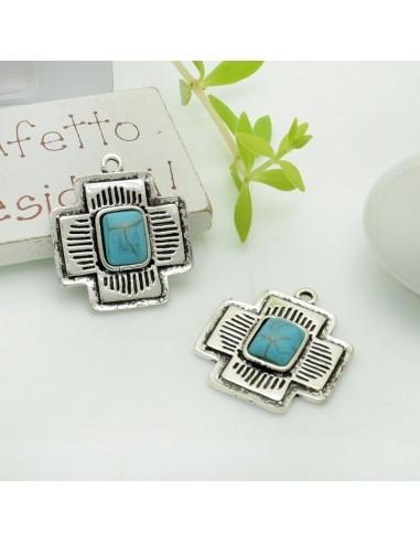Ciondolo a forma di croce greca con cabochon in pasta di turchese 21x25mm 1 pz|GDO