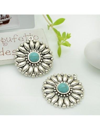 Ciondolo cabochon in pasta di turchese a forma di fiore 33x30mm 1 pz|GDO