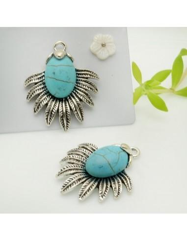 Ciondolo cabochon in pasta di turchese e foglie decorative a 29x24mm 1 pz|GDO