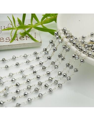 Catena rosario di cristalli colore argento metallic da 3mm concatenati con filo argento in ottone 50cm | GDO