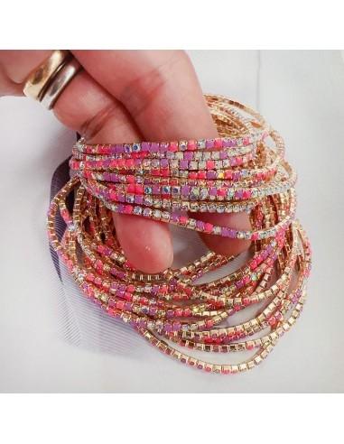 Bracciale Tennis sottile elasticizzato con strass fuscia AB 2 mm 1pz colore oro chiaro