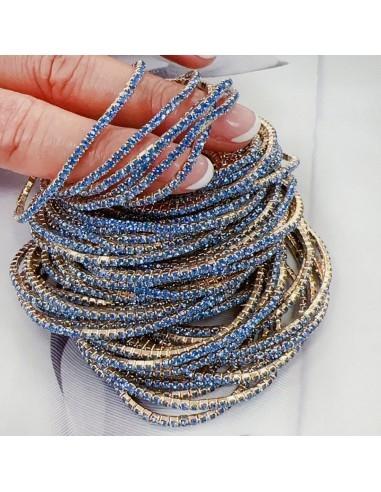 Bracciale Tennis sottile elasticizzato con strass azzurro 2mm 1pz base oro  GDO