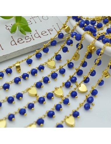 Catena Rosario con cristalli blu chiaro 4mm e cuori oro 50cm | Bigiotteria fai da te di Gioie d'Oriente