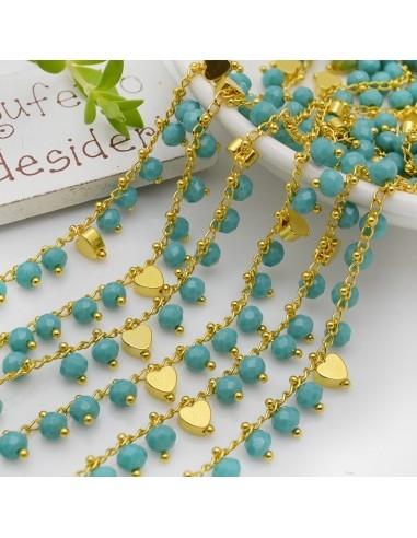 Catena Rosario con cristalli turchese 4mm e cuori oro 50cm | Bigiotteria fai da te di Gioie d'Oriente