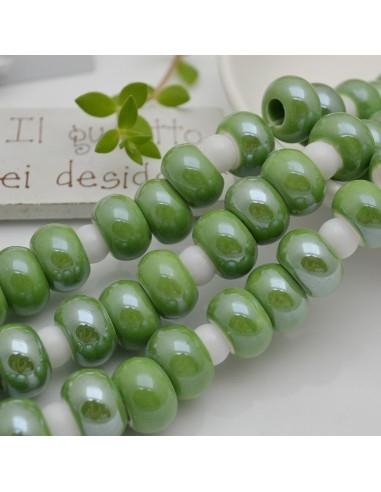 Filo perle rondella in ceramica colore verde 14x9mm 30pz