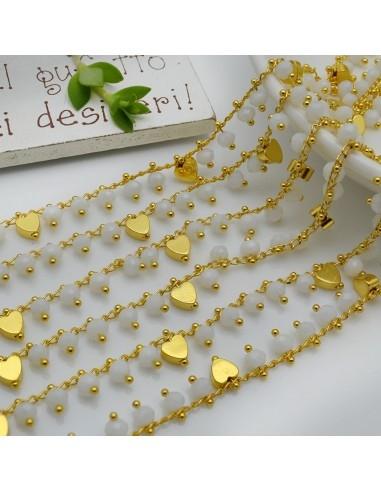 Catena Rosario con cristalli bianco 4mm e cuori oro 50cm | Bigiotteria fai da te di Gioie d'Oriente