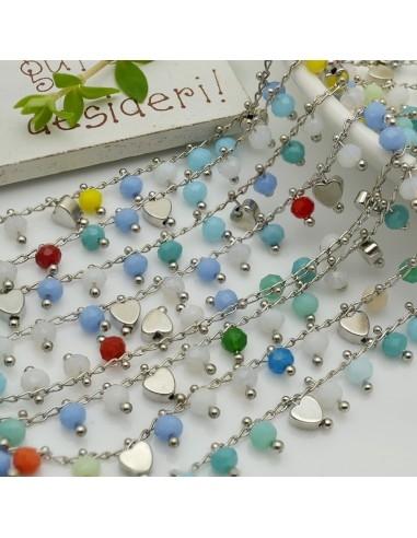 Catena Rosario con cristalli colore mix 4mm e cuori argento 50cm | Bigiotteria fai da te di Gioie d'Oriente