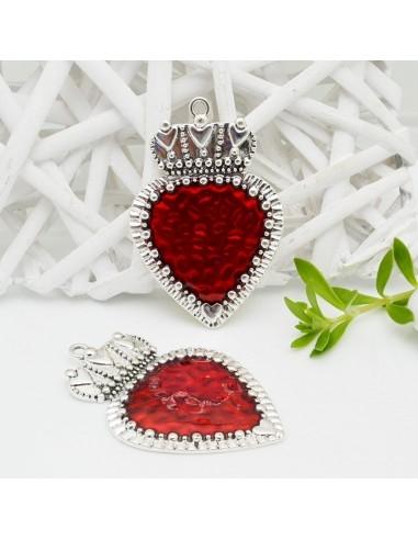 Ciondolo cuore sacro smaltato rosso base argento 42x63mm 1pz GDO
