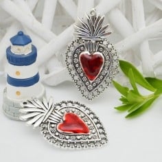 Ciondolo cuore sacro smaltato rosso base argento con fori 29x40mm 1pz Gioie d'Oriente