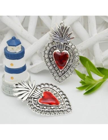 Ciondolo cuore sacro smaltato rosso base argento con fori 29x40mm 1pz|GDO