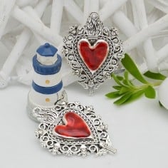 Ciondolo cuore sacro smaltato rosso base argento con fori 29x41mm 1pz Gioie d'Oriente